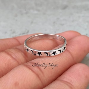Bague en argent sterling 925, anneaux en argent étoile de lune, bague empilable faite main minimaliste