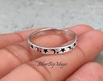 Anillo de plata de ley 925, anillos de plata con diseño de luna y estrella, anillo apilable minimalista hecho a mano.