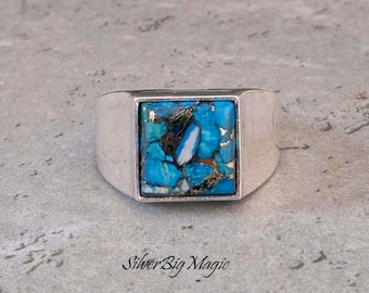 Anillo de sello de plata esterlina con turquesa azul y cobre, cuadrado, estilo bohemio, regalo para hermano.