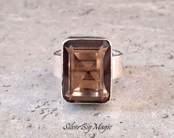 Anillo de plata de ley 925 con cuarzo ahumado, banda ancha y topacio ahumado, joyería llamativa para cóctel.