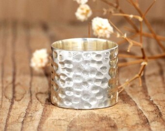 Cuff Ring - Sterling silver Ring for Women, Wide Band Hammered Statement Ring, Boho Simple Jewelry, Tube Long Ring