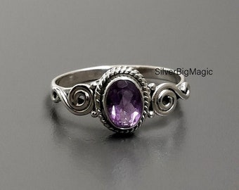 Anillo de amatista morada en plata de ley 925 maciza para mujer, hecho a mano, con corte ovalado, ideal como regalo de aniversario de boda.
