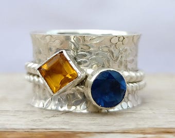Anillo giratorio de plata de ley con zafiro azul y citrino, joyería boho para el pulgar, anillo de diseño.