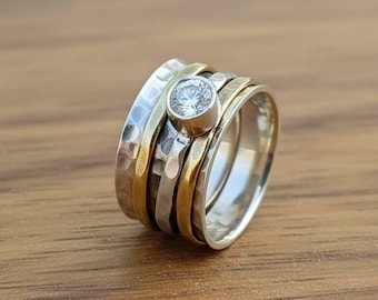 Anillo giratorio de plata de ley 925, latón martillado, diamante de cristal, regalo de promesa bohemio.