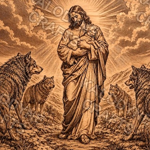 Jesus The Good Shepherd SVG PNG | Christian Laser Engraving File of Christ Protecting Flock