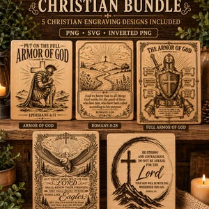 Könnte beinhalten: Eine digitale Sammlung mit dem Titel Strength & Courage Christian Bundle, bestehend aus fünf rechteckigen Holztafeln mit gravierten religiösen Illustrationen und Texten, darunter Armor of God, Romans 8:28, Full Armor of God, Isaiah 40:31 und Joshua 1:9.