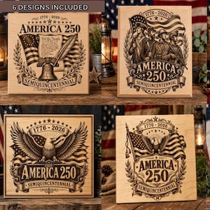 May include: Wooden plaques with engraved designs celebrating America's 250th anniversary. Each plaque features patriotic imagery, including flags, eagles, the Liberty Bell, and historical figures. The designs are in a rustic style.