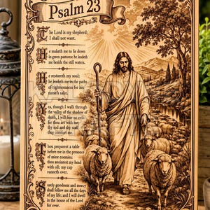 May include: A rectangular wooden plaque featuring a laser-engraved illustration of a shepherd with a flock of sheep in a landscape. The text Psalm 23 is displayed at the top, followed by the full biblical passage in a decorative font style.