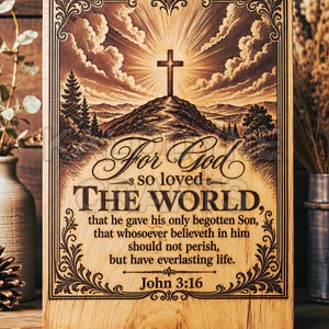 Puede incluir: Una placa de madera rectangular con un grabado láser de una cruz sobre una colina bajo un cielo radiante. El texto dice: For God so loved THE WORLD, that he gave his only begotten Son, that whosoever believeth in him should not perish, but have everlasting life. John 3:16.