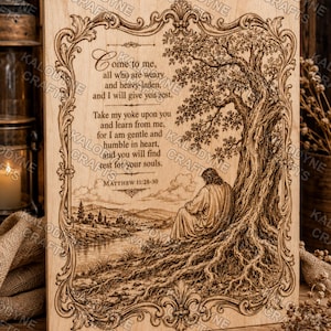 Könnte beinhalten: Eine rechteckige, helle Holzplatte mit einer lasergravierten Illustration einer Person, die unter einem großen Baum an einem Fluss sitzt. Der Text lautet: Come to me, all who are weary and heavy-laden, and I will give you rest. Matthew 11:28-30.