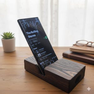 Soporte para teléfono con amplificador de altavoz - Madera maciza - Acabado carbonizado