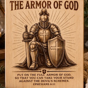 Pode incluir: Uma placa retangular de madeira clara com uma ilustração gravada a laser de um cavaleiro com armadura ajoelhado com uma espada e um escudo. O texto diz THE ARMOR OF GOD e PUT ON THE FULL ARMOR OF GOD, SO THAT YOU CAN TAKE YOUR STAND AGAINST THE DEVIL'S SCHEMES. EPHESIANS 6:11.