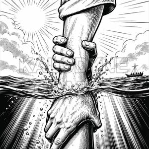 Black and white Jesus Saves Peter laser engraving design inspired by Matthew 14 with hands, waves, clouds, sun rays, and boat.