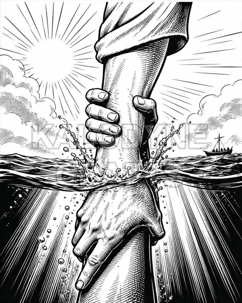 Black and white Jesus Saves Peter laser engraving design inspired by Matthew 14 with hands, waves, clouds, sun rays, and boat.