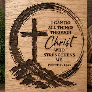 May include: Wooden plaque with engraved cross, mountain, and circular design. The text reads "I CAN DO ALL THINGS THROUGH Christ WHO STRENGTHENS ME. Philippians 4:13". The plaque is made of light brown wood.
