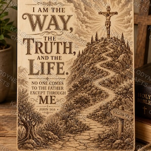 May include: A rectangular wooden plaque featuring a laser-engraved illustration of a winding stone path leading up a hill to a cross with a figure. The text reads: I AM THE WAY, THE TRUTH, AND THE LIFE. NO ONE COMES TO THE FATHER EXCEPT THROUGH ME. JOHN 14:6.
