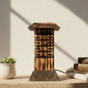 Rustic Solid Wood Table Lamp – Handmade Shou Sugi Ban Charred Wood Ambient Accent Light