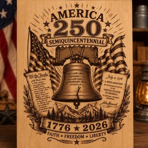 May include: Wooden plaque celebrating America's 250th anniversary, with the Liberty Bell, American flags, and excerpts from the Declaration of Independence. The design includes the years 1776 and 2026, and the words "Faith, Freedom, Liberty."