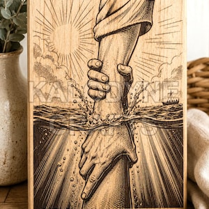 Wood engraved Jesus Saves Peter Christian plaque mockup showing helping hands in the sea, ocean waves, sun rays, clouds, and distant boat.
