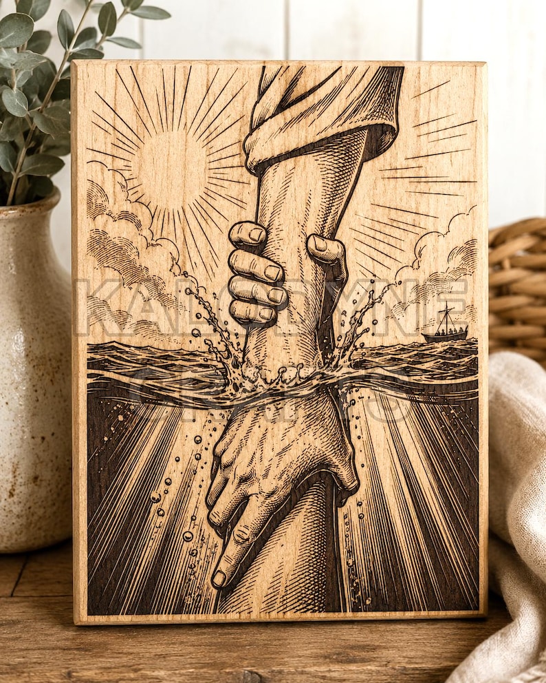 Wood engraved Jesus Saves Peter Christian plaque mockup showing helping hands in the sea, ocean waves, sun rays, clouds, and distant boat.