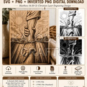 Brochure style Etsy listing image for Jesus Saves Peter SVG, PNG, and inverted PNG digital download for laser engraving.