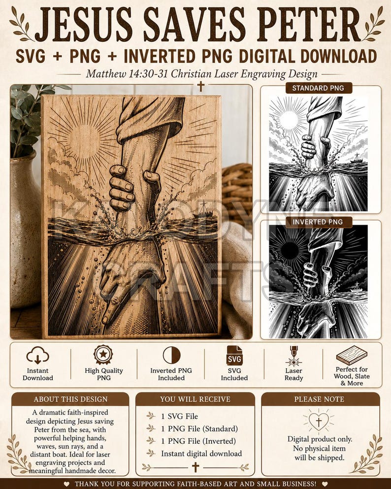 Brochure style Etsy listing image for Jesus Saves Peter SVG, PNG, and inverted PNG digital download for laser engraving.