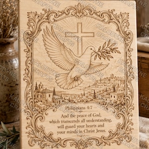 May include: A rectangular wooden plaque featuring a laser-engraved design of a dove carrying an olive branch, a cross, and a cityscape. The text reads: Philippians 4:7 - And the peace of God, which transcends all understanding, will guard your hearts and your minds in Christ Jesus. The design is enclosed in an ornate, decorative border.
