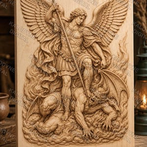 May include: A rectangular light-colored wooden plaque featuring a detailed relief carving of a winged figure in armor holding a sword and standing over a horned creature. The text KALODYNE DIGITAL is repeated across the surface of the carving.