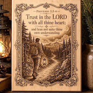 Könnte beinhalten: Eine rechteckige Holztafel mit einer Lasergravur, die einen Wanderer auf einem Waldweg bei Nacht zeigt. Der Text lautet: Proverbs 3:5-6, Trust in the LORD with all thine heart; and lean not unto thine own understanding.