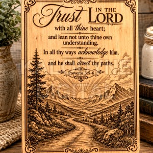 May include: A rectangular wooden plaque featuring a laser-engraved landscape of a winding path leading toward mountains and a rising sun. The text reads: Trust in the Lord with all thine heart; and lean not unto thine own understanding. In all thy ways acknowledge him, and he shall direct thy paths. Proverbs 3:5-6.