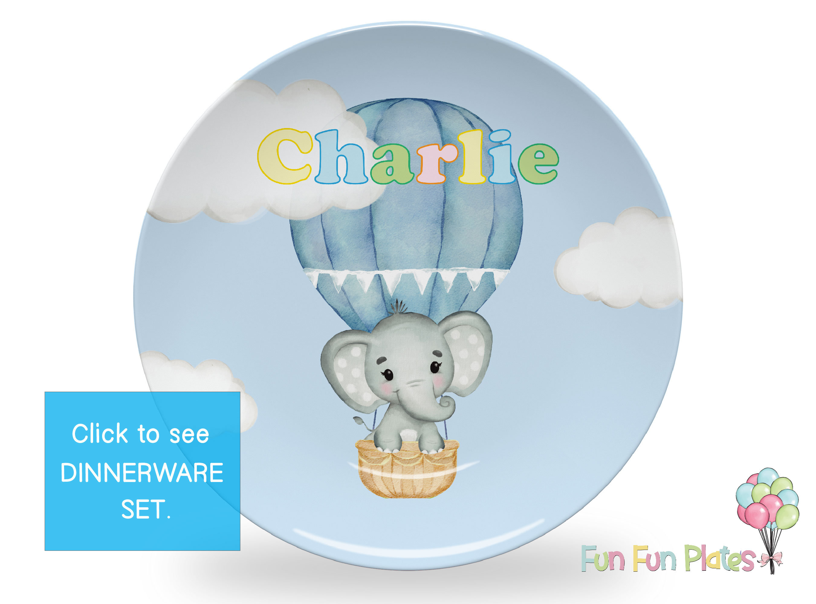 Elephant in Blue Hot Air Balloon Personalized Dinnerware Set Kids Birthday Gift Baby Shower Gift Custom Kids Plate Bowl Mug