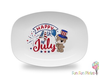 Happy 4th of July Platter | USA Independence Day Serving Tray | USA Patriotic Tableware | 4th of July Party Supplies | Red, White and Blue