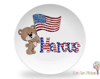 American Bear Personalized Plate | Toddler Birthday Gift | Boy Baby Shower Gift | 4th of July Plate | Custom Kids Plate | Red White Blue
