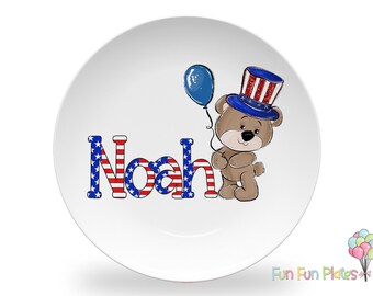 USA Cute Bear Personalized Kids Plate | Toddler Birthday Gift Idea | Boy Baby Shower Gift | 4th of July Plate | Custom Kids Plate Dish