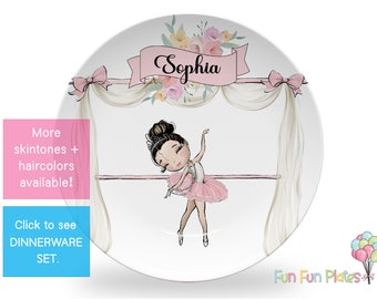 Ballerina on Stage Personalized Dinnerware Set | Ballet Birthday Gift | Girl Baby Shower Gift | Personalized Kids Plate Bowl Mug Placemat