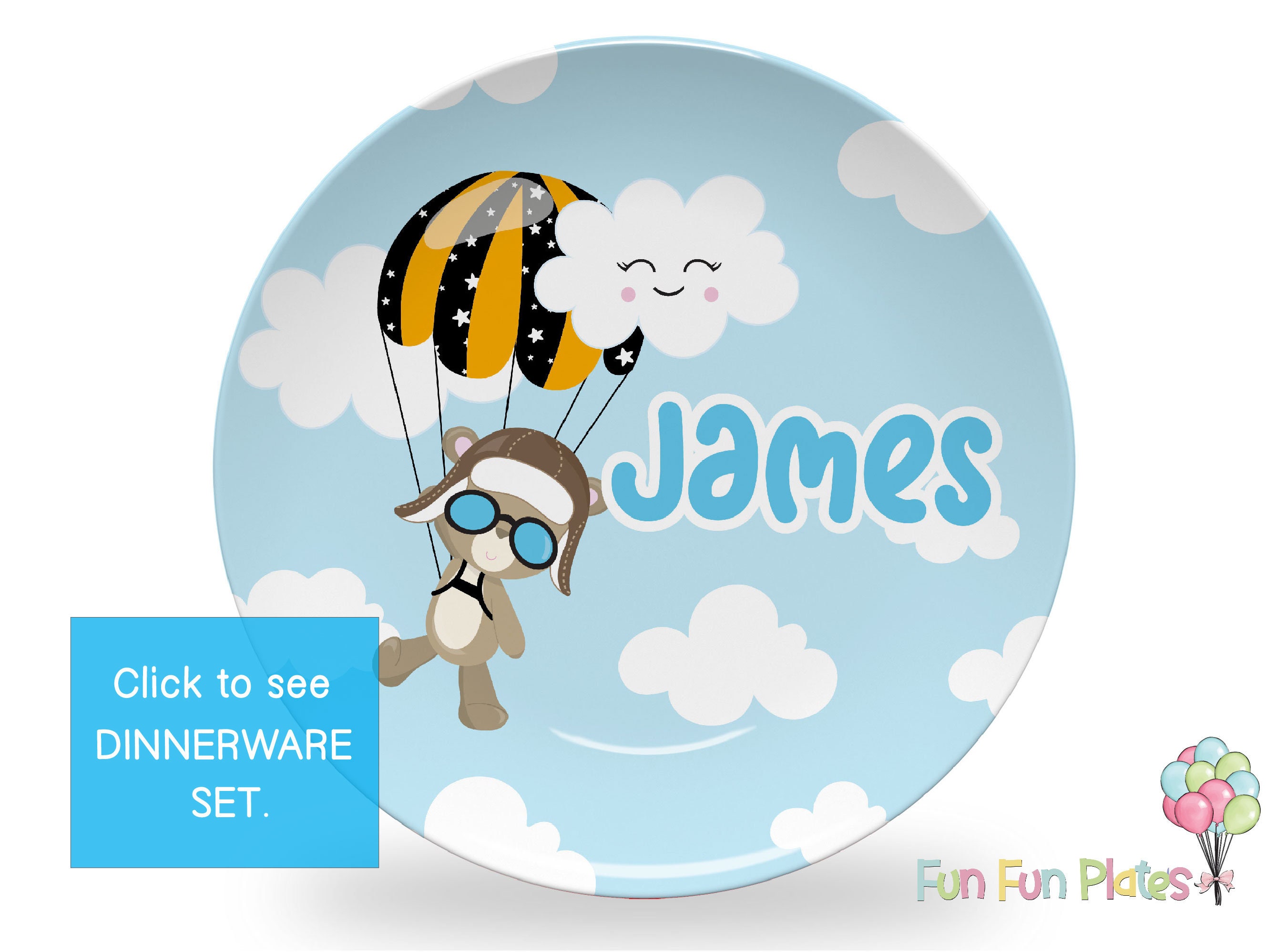 Parachute Bear Personalized Dinnerware Set Kids Toddler Birthday Gift Boy Baby Shower Gift Personalized Kids Plate Bowl Mug
