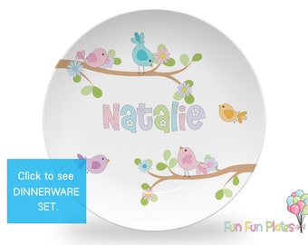 Pretty Birds Personalized Dinnerware Set | Toddler Birthday Gift Idea | Girl Baby Shower Gift | Personalized Kids Plate Bowl Mug Placemat