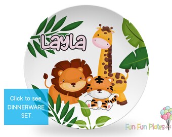 Cute Jungle Animals Personalized Dinnerware Set | Toddler Birthday Gift | Girl Baby Shower Gift | Personalized Kids Plate Bowl Mug Placemat