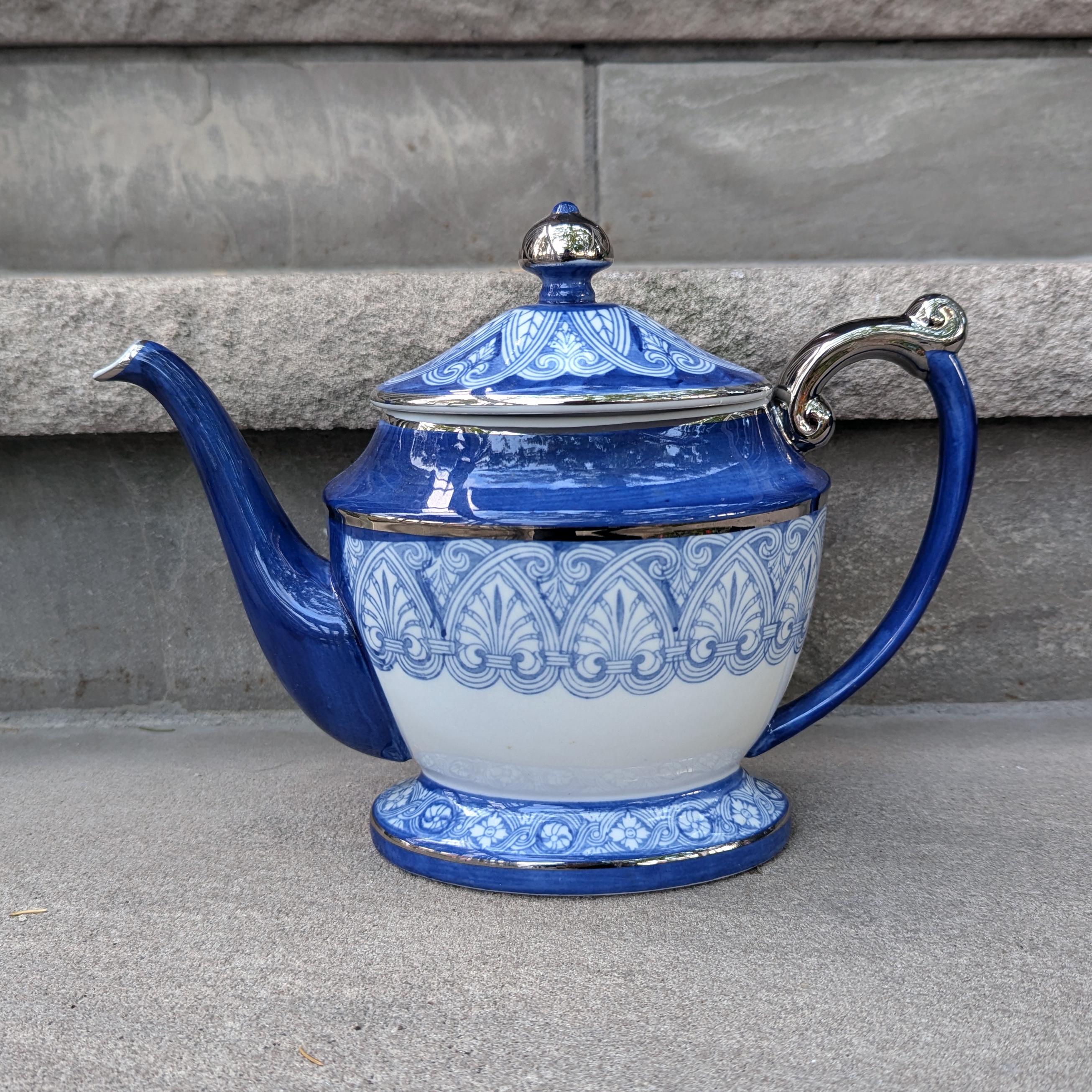 Bombay Company Cobalt Blue & White Teapot With Lid Platinum Trim