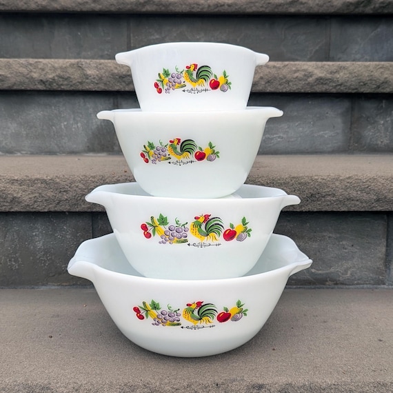 Fire King Nesting Mixing Bowl Rooster &fruit Chanticleer Set