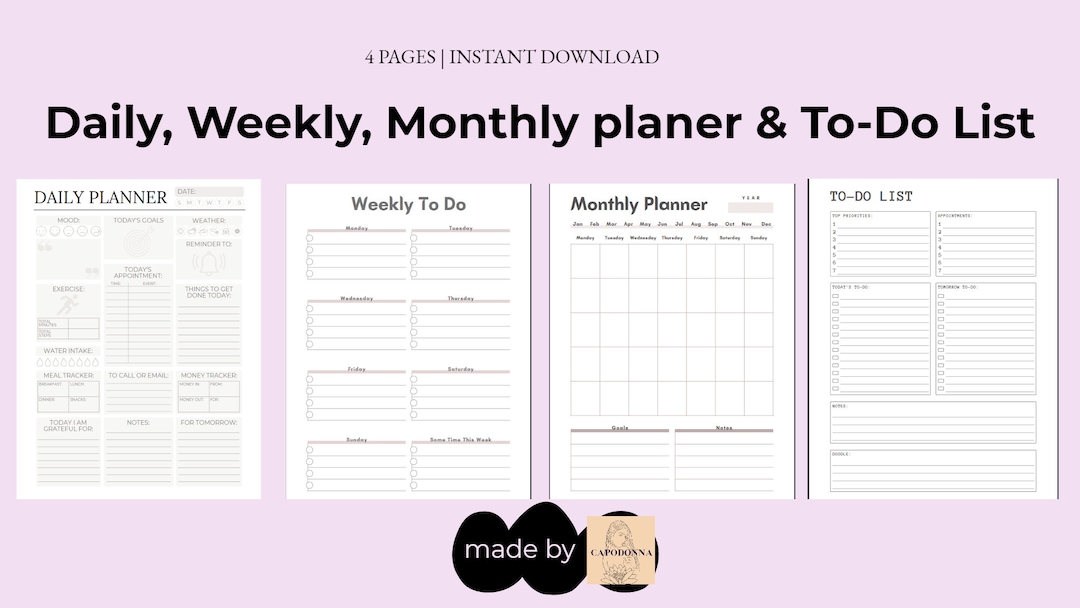 Daily, Weekly and Monthly & To-do List Planner, Printable, Instant ...
