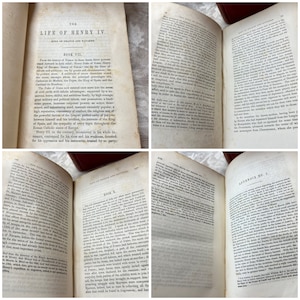 K&ouml;nnte beinhalten: Eine Sammlung antiker B&uuml;cher mit gealterten, vergilbten Seiten. Die aufgeschlagenen B&uuml;cher zeigen detaillierten Text, darunter den Titel "The Life of Henry IV." Die Seiten sind leicht abgenutzt, was auf Alter und Nutzung hindeutet. Es handelt sich wahrscheinlich um historische oder literarische Werke.