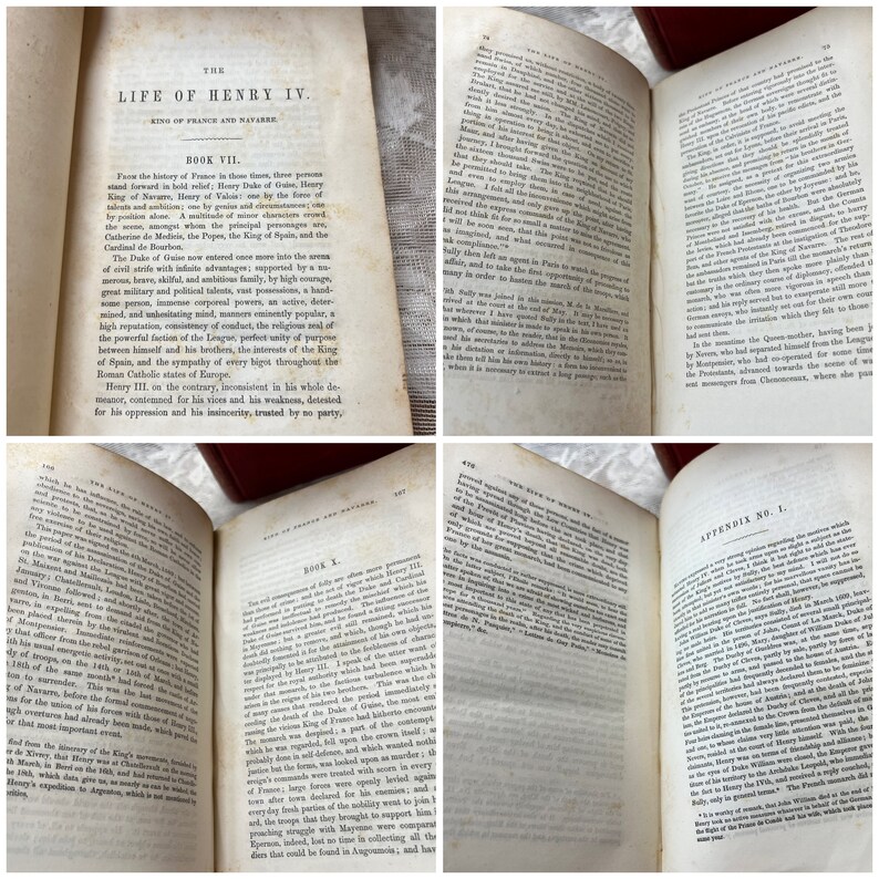 K&ouml;nnte beinhalten: Eine Sammlung antiker B&uuml;cher mit gealterten, vergilbten Seiten. Die aufgeschlagenen B&uuml;cher zeigen detaillierten Text, darunter den Titel "The Life of Henry IV." Die Seiten sind leicht abgenutzt, was auf Alter und Nutzung hindeutet. Es handelt sich wahrscheinlich um historische oder literarische Werke.