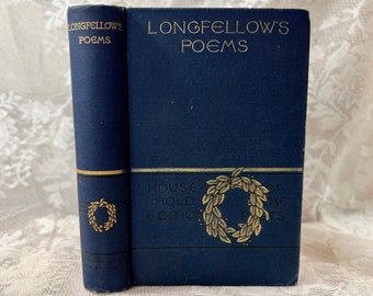1891 Longfellow Poetical Works | Antique Illustrated Poetry Book | Blue Gilt Victorian Book | Houghton Mifflin Household Edition