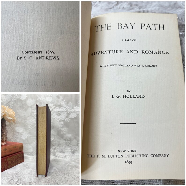 1899 The Bay Path JG Holland | Antique Historical Novel | Colonial New England Book | Maroon Gold Gilt Book bild 3