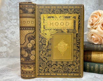 1883 Poetical Works of Thomas Hood, Rare Antique Book, Illustrated Poetry Book, Beautiful Brown Gilded Victorian Binding, First Edition Thus