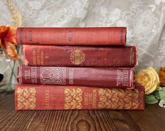 Antique Red Book Set of 4 | Victorian Decorative Books | 1884-1907 Gold Gilt Books | Distressed Bookshelf Library Decor