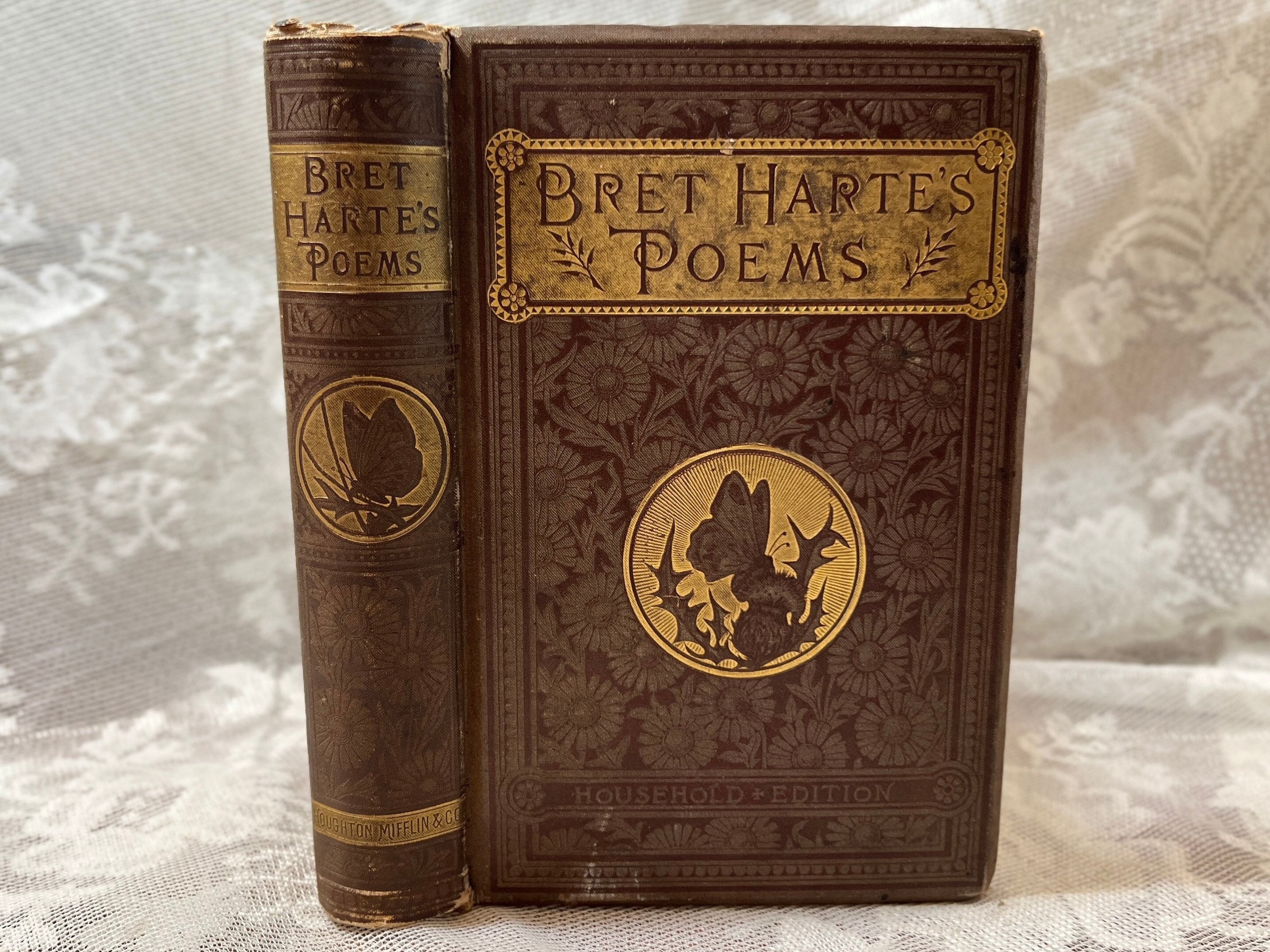 1883 Bret Harte Poetical Works Antique Victorian Poetry Book Brown Gold Gilt Butterfly Book Household Edition