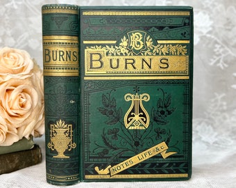 1881 Poetical Works of Robert Burns, Rare Antique Book, Green Gold Victorian Art Nouveau Decorative Binding, Collectible Antiquarian Edition