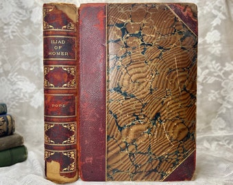 Homer’s Iliad, Alexander Pope, Rare Antique Book 1900s, Illustrated Red Leather Marbled Decorative Hardcover Binding, Greek Epic Poetry Gift